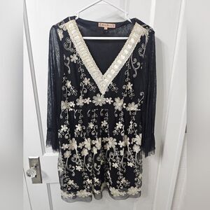 Y2K Young Essence Black And Cream Embroidered Dress Size Large, Sheer Sleeves,